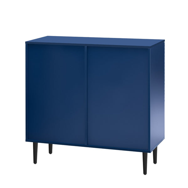 English Elm Mirod Lacquered Side Cabinet Geometric Door Panels Metal Legs Adjustable Interior Shelves Navy Blue N760P221050M