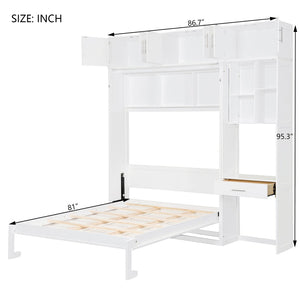 English Elm Full Size Murphy Wall Bed with Fold Away Desk Cabinet and Shelves for Small Spaces N708S00020K-1