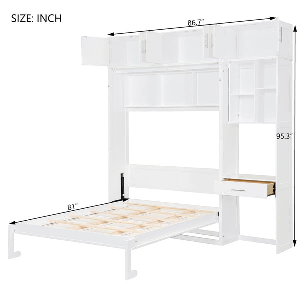 English Elm Full Size Murphy Wall Bed with Fold Away Desk Cabinet and Shelves for Small Spaces N708S00020K-1