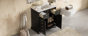 English Elm 30'' Solid Wood Frame Bathroom Vanity with Ceramic Sink, Retro Black Freestanding 2-Drawer Cabinet N710P276724B