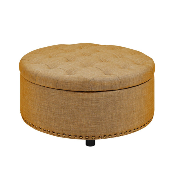 English Elm Tufted Linen Square Ottoman with Lift Top Storage Nailhead Trim Living Room Orange B2748P481673