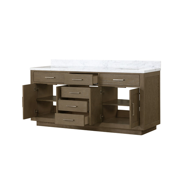 English Elm Grey Oak Double Bath Vanity 72" W With Carrara Marble Top – Elegant Design & Ample Storage Solutions B2731P257782