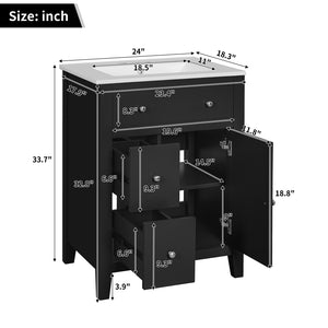 English Elm 24" Modern Bathroom Vanity with Ceramic Basin, French Country Cross-Grid Design & Soft-Close Drawers Black N710P280655B