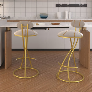 English Elm Round Velvet Counter Stools Set of 2 — Gold Stripe Upholstered Padded Seat with Footrest, 27.95" high W1757P345494