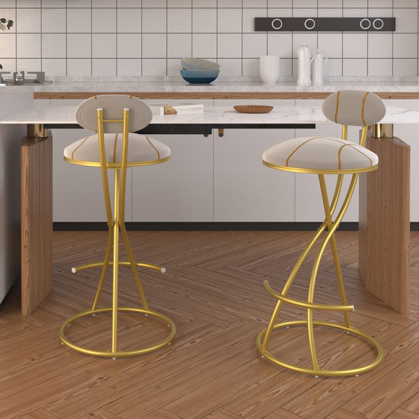 English Elm Round Velvet Counter Stools Set of 2 — Gold Stripe Upholstered Padded Seat with Footrest, 27.95" high W1757P345494