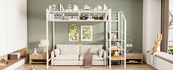 English Elm Twin Metal Loft Bed with Upper Grid Storage Shelf and 4-Layer Ladder Shelves for Space Saving White SF100081AAK