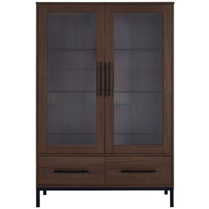 English Elm 60'' Tall Display Cabinet with LED Lighting, Tempered Glass Doors, 4 Adjustable Shelves & Drawers Black + Dark Walnut N845P261801D