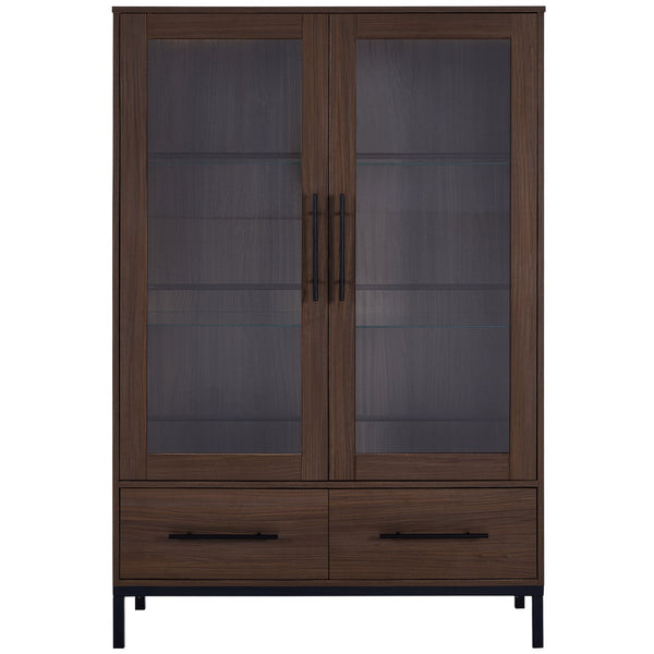 English Elm 60'' Tall Display Cabinet with LED Lighting, Tempered Glass Doors, 4 Adjustable Shelves & Drawers Black + Dark Walnut N845P261801D