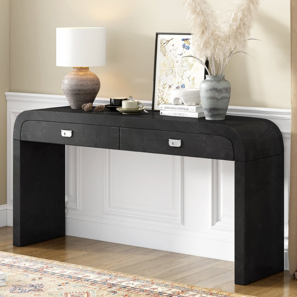 English Elm U_style Burl Veneer Console Table with Two Drawers for Foyer Living Room Hallway N711P216235B