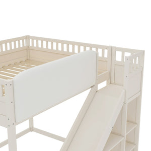 English Elm Queen Loft Bed with Upholstered Headboard Built-in Slide and Open Storage Shelves Beige W1580S00640