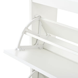 English Elm Two drawer three-fold shoe cabinet with ample vertical shelving, smooth finish, compact entryway storage White W3871P368975