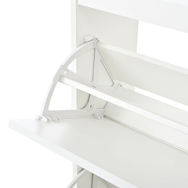 English Elm Two drawer three-fold shoe cabinet with ample vertical shelving, smooth finish, compact entryway storage White W3871P368975