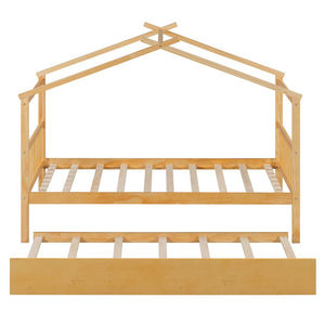 English Elm Twin House Bed Solid Pine Cottage Frame with Pull Out Trundle for Kids Bedroom Natural N708P309238M