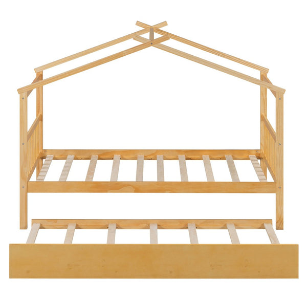 English Elm Twin House Bed Solid Pine Cottage Frame with Pull Out Trundle for Kids Bedroom Natural N708P309238M