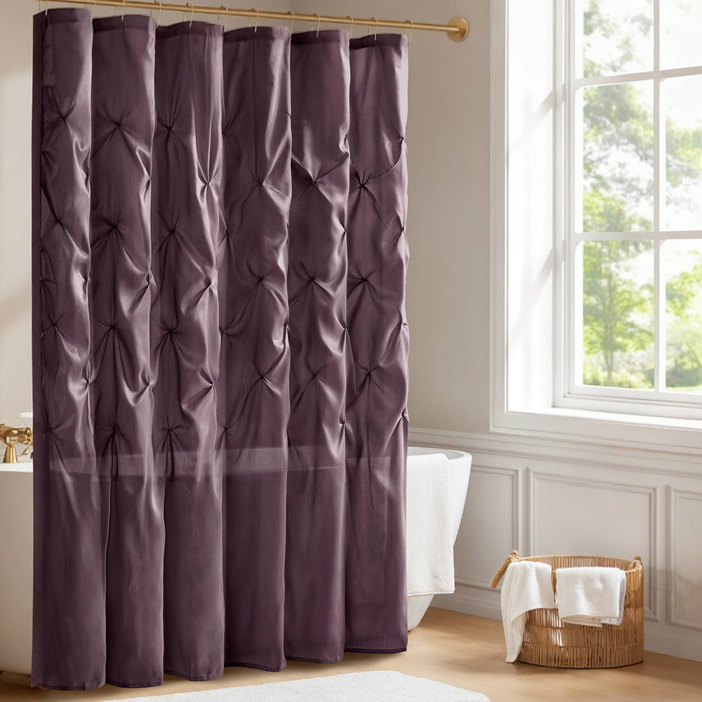 JLA Home Madison Park - Tufted Semi-Sheer Plum Shower Curtain with Large Textured Tufts, Light-Filtering Polyester Sheen MP70-440
