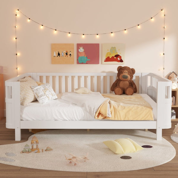 English Elm Queen Low Profile Pine Wood Kids Platform Bed with Guardrails and Rounded Safety Posts White W2593P409122