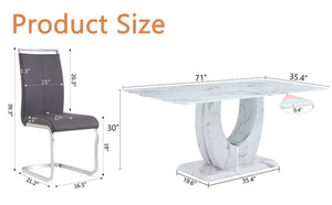 English Elm Table Modern Marble Dining Set - Elegant 71"X35.4" Table With 8 Dark Gray Pu Chairs & Metal Legs W1151S02119-GIGA