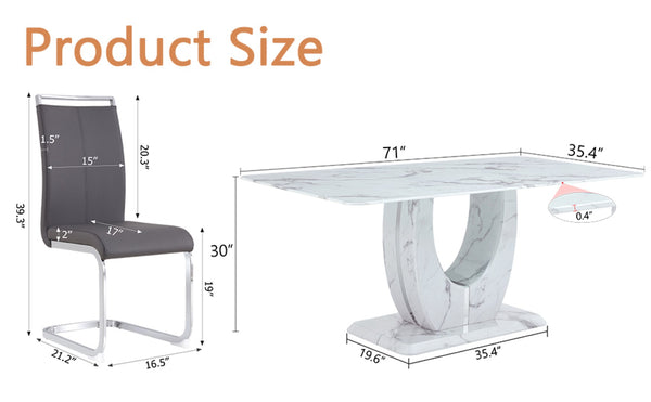 English Elm Table Modern Marble Dining Set - Elegant 71"X35.4" Table With 8 Dark Gray Pu Chairs & Metal Legs W1151S02119-GIGA