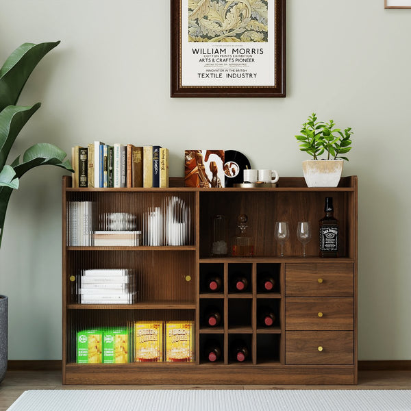 English Elm Sideboard Modern Minimalist 2 Sliding Striped Glass Doors – Freestanding Storage Cabinet for Wine, Books, Kitchen Supplies and Office Organization W331P286248