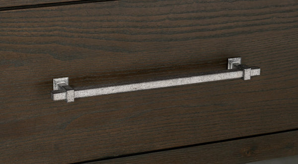 English Elm Dark Brown Bellamy Nightstand with 2 Drawers, Ash Veneer Finish and Mottled Silver Bar Pulls — Modern Transitional Bedroom B011P212249