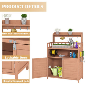 English Elm Potting Bench Fir Wood Outdoor Workstation with Cabinet Shelf and Tool Hooks W1850P201057