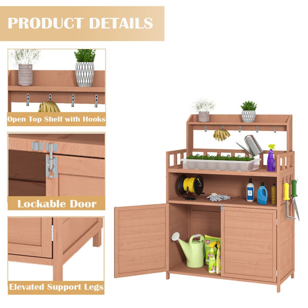 English Elm Potting Bench Fir Wood Outdoor Workstation with Cabinet Shelf and Tool Hooks W1850P201057