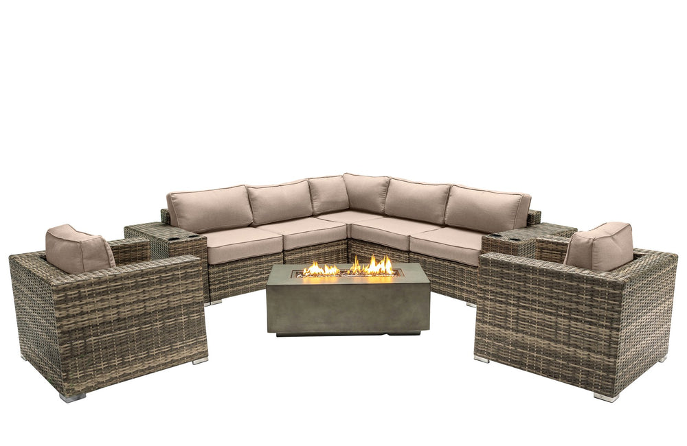 English Elm 6-Person Luxury Patio Seating Set with Concrete Fire Pit, HDPE Wicker, Plush Cushions, Turnkey Outdoor Retreat Grey B120S00105