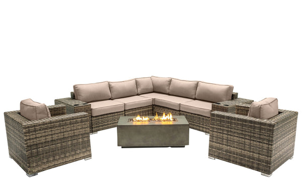 English Elm 6-Person Luxury Patio Seating Set with Concrete Fire Pit, HDPE Wicker, Plush Cushions, Turnkey Outdoor Retreat Grey B120S00105