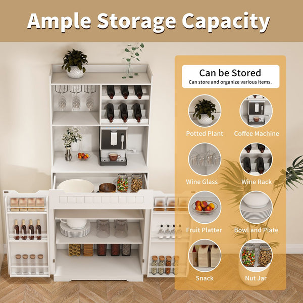 English Elm White Buffet Cabinet with Hutch 70" Tall Modern Farmhouse Sideboard | 2 Drawers, Barn Doors, Coffee Bar, Sturdy Storage W2700P300564