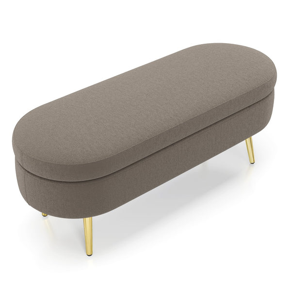 English Elm Ottoman Oval Flannel Storage Bench with Matte Metal Legs for Bedroom or Living Room Brown W487P438631