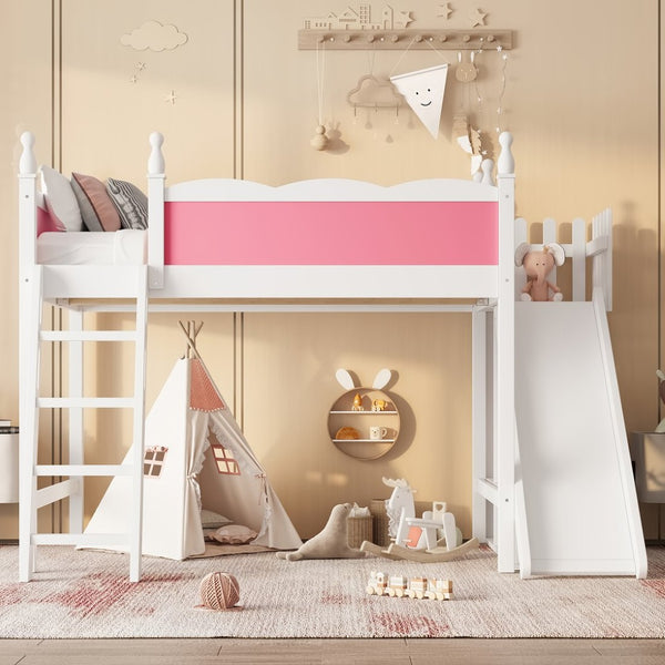 English Elm Twin Loft Bed Solid Pine Frame with Wardrobe Shelving Detachable Slide Kids Room W5305S00021