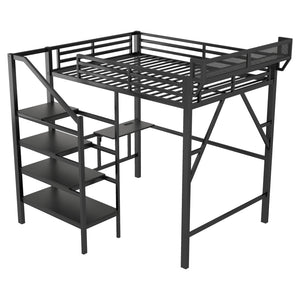 English Elm Full Size Metal Loft Bed with Foldable Desk Staircase Storage and Led Lighting W2580S00072