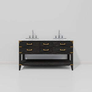 English Elm Black Oak Double Bath Vanity With Carrara Marble Top & Faucet Set - Elegant Storage Solution For Bathrooms B2731P261036