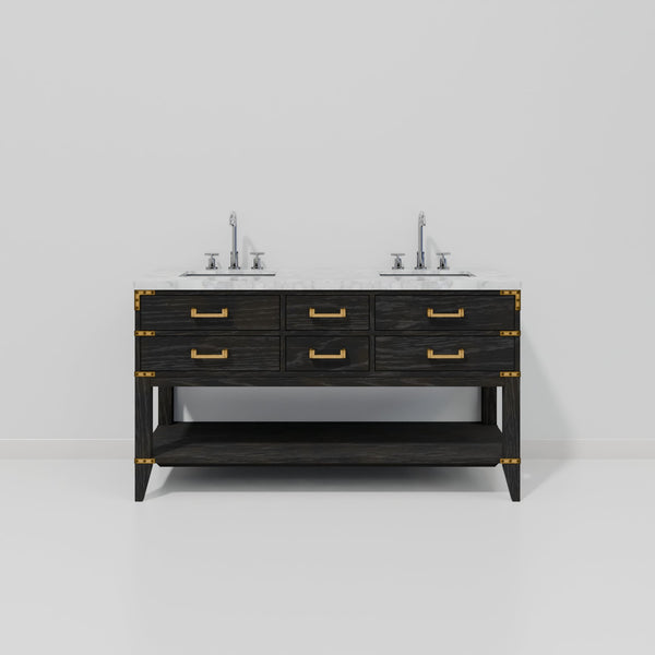 English Elm Black Oak Double Bath Vanity With Carrara Marble Top & Faucet Set - Elegant Storage Solution For Bathrooms B2731P261036