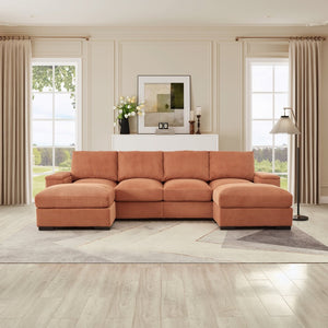 English Elm 122"l Corduroy Sectional with Dual Ottomans Modular U-shape Sofa for Modern Living Orange W1669S00022