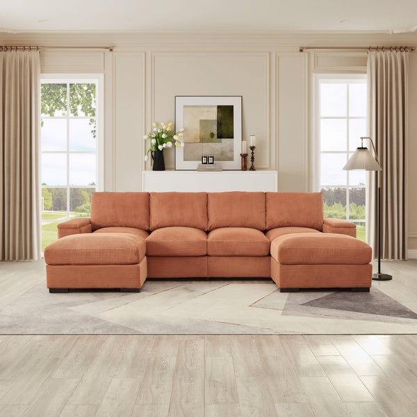 English Elm 122"l Corduroy Sectional with Dual Ottomans Modular U-shape Sofa for Modern Living Orange W1669S00022