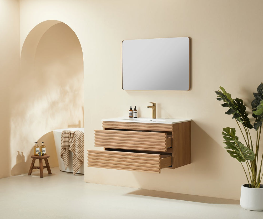 English Elm 36" Wall Mounted Floating Single Vanity Natural Walnut with Ceramic Sink, 2 Drawers, Fully Assembled Elegance W1826P308971
