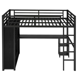 English Elm Full Size Loft Bed Frame With Wardrobe, Desk & Storage Shelves - Modern Black Metal Design W1580S00120