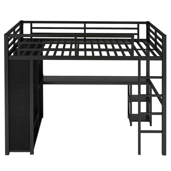 English Elm Full Size Loft Bed Frame With Wardrobe, Desk & Storage Shelves - Modern Black Metal Design W1580S00120