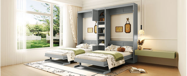 English Elm Dual Twin Murphy Beds with Built-In Cabinets & Shelves for Space-Saving Guest Rooms and Studios Gray N820S00058E