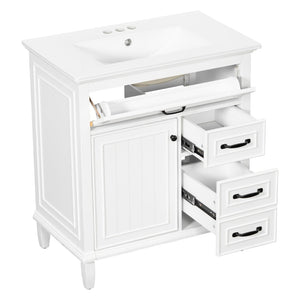 English Elm 30 Inch Freestanding Bathroom Vanity Solid Pine Cabinet Ceramic Sink Top Storage White N725P412782K