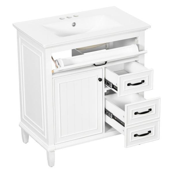 English Elm 30 Inch Freestanding Bathroom Vanity Solid Pine Cabinet Ceramic Sink Top Storage White N725P412782K