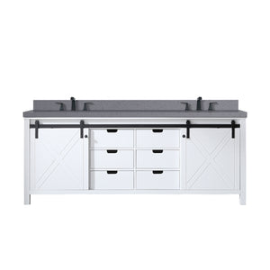 English Elm White 84 in Double Bath Vanity with Grey Quartz Top, Matte Black Faucet, Soft-Close Drawers, Ample Storage B2731P260168
