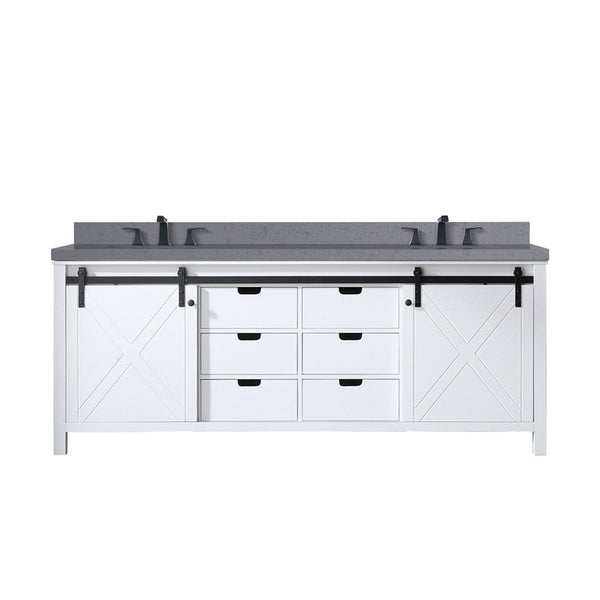 English Elm White 84 in Double Bath Vanity with Grey Quartz Top, Matte Black Faucet, Soft-Close Drawers, Ample Storage B2731P260168