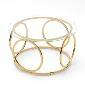 English Elm 31.50'' Round Chrome Ring Glass Coffee Table Two Tier Smoked Tempered Top Modern Living Room W757P412798