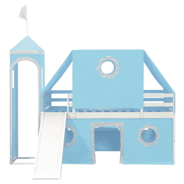 English Elm Twin Castle Loft Bed with Slide Tent Tower and Play Space for Kids Rooms Blue N708P249511C