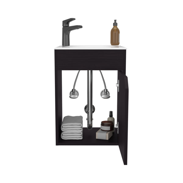 English Elm Bethel 40" Floating Wide One-Door Vanity with Resin Sink, Two Shelves, Kronos Wengue Black Finish B070P337052