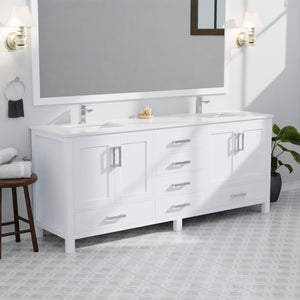 English Elm White Double Bath Vanity 84" W x 22" D with Scratch-Resistant Cultured Marble Top, Chrome Faucet & 34" Mirror B2731S01113