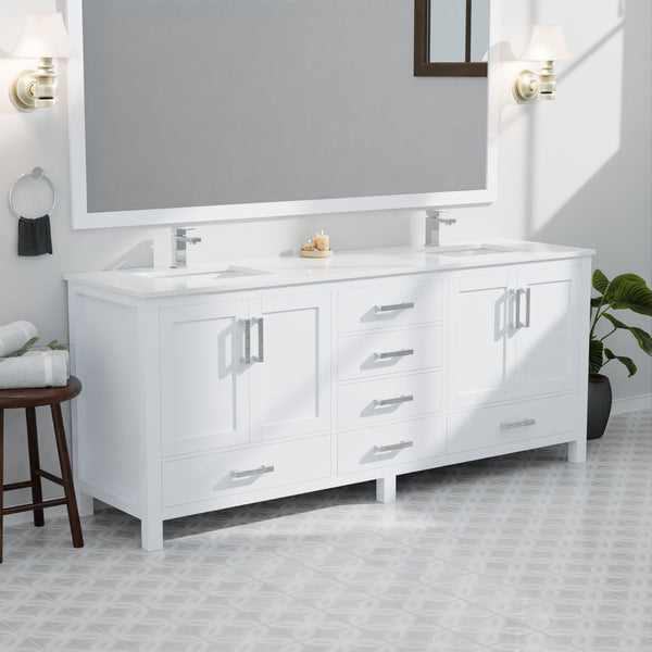 English Elm White Double Bath Vanity 84" W x 22" D with Scratch-Resistant Cultured Marble Top, Chrome Faucet & 34" Mirror B2731S01113