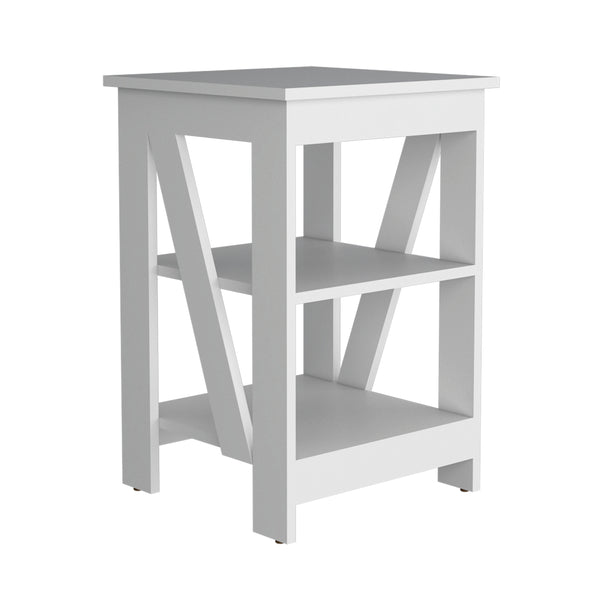 English Elm 3-Tier Engineered Wood End Table with Cross-Brace Legs, Compact Nightstand with Ample Shelving Space White 34.6 L x 20.8 W x 3.14 H B097P199749